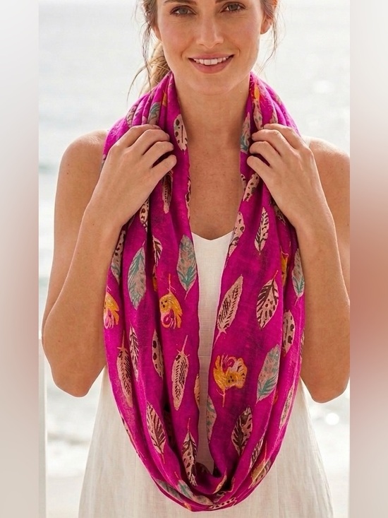 APRIL Accessories - Vibrant bohemian scarf lightweight Pink Feather Print eternal Scarf